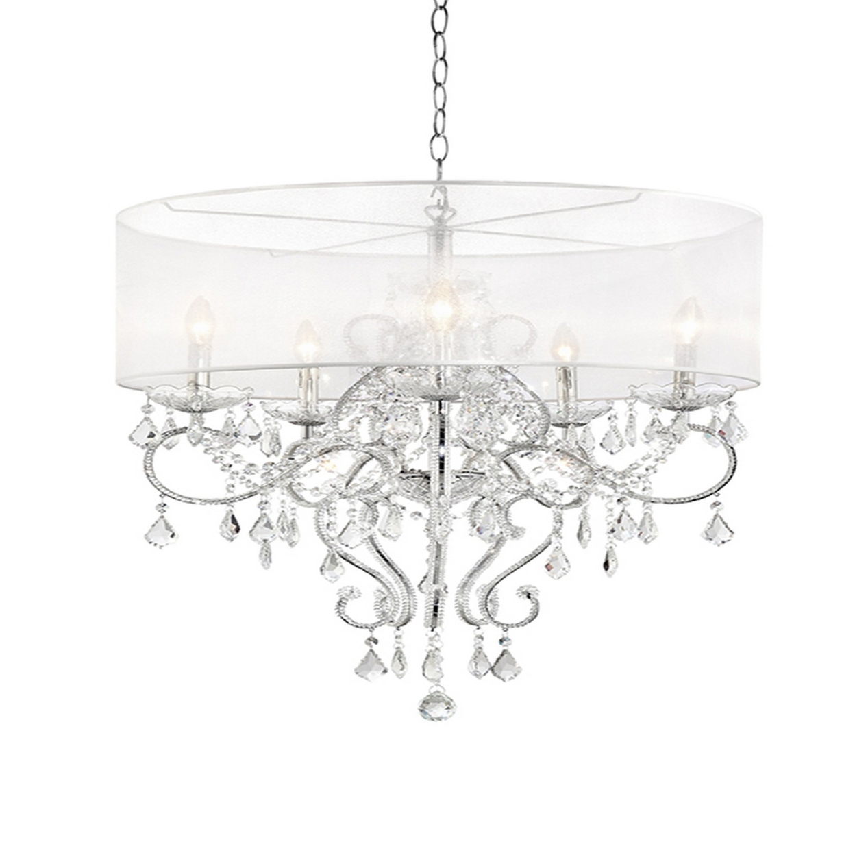 32 Inch Ceiling Lamp With Hanging Crystals, Round Canopy, Silver- Saltoro Sherpi