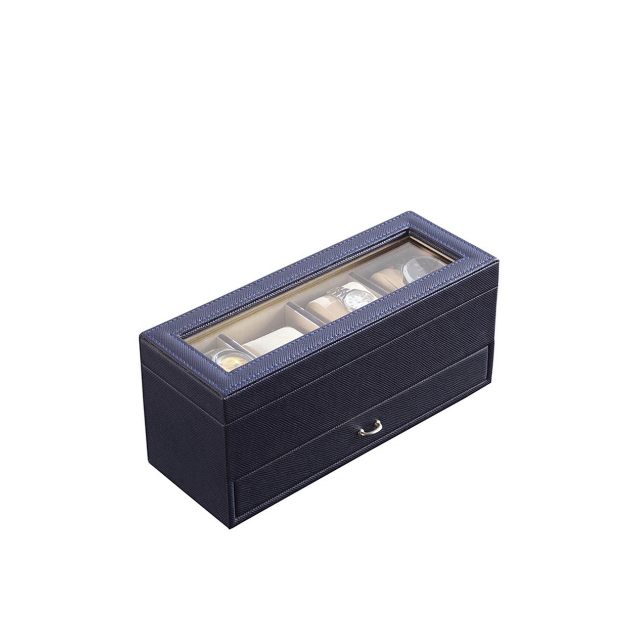 Watch Case With Drawer Display And 4 Slots, Blue- Saltoro Sherpi