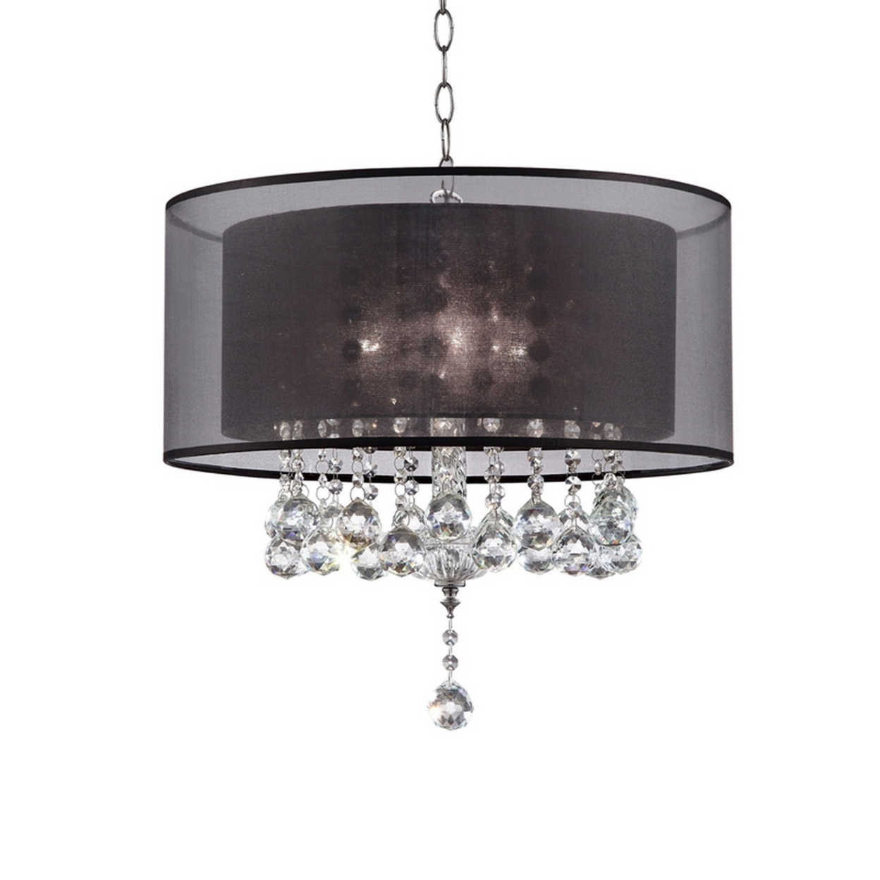 Dual Fabric Shade Ceiling Lamp With Hanging Crystal Accent, Clear And Black- Saltoro Sherpi