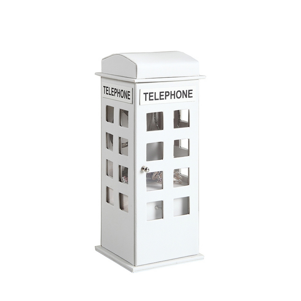 Telephone Booth Jewelry Box With 2 Drawers, White- Saltoro Sherpi