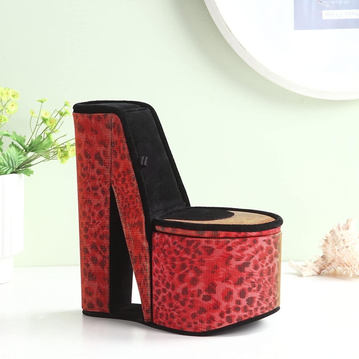 High Heel Leopard Shoe Jewelry Box With 2 Hooks, Red- Saltoro Sherpi