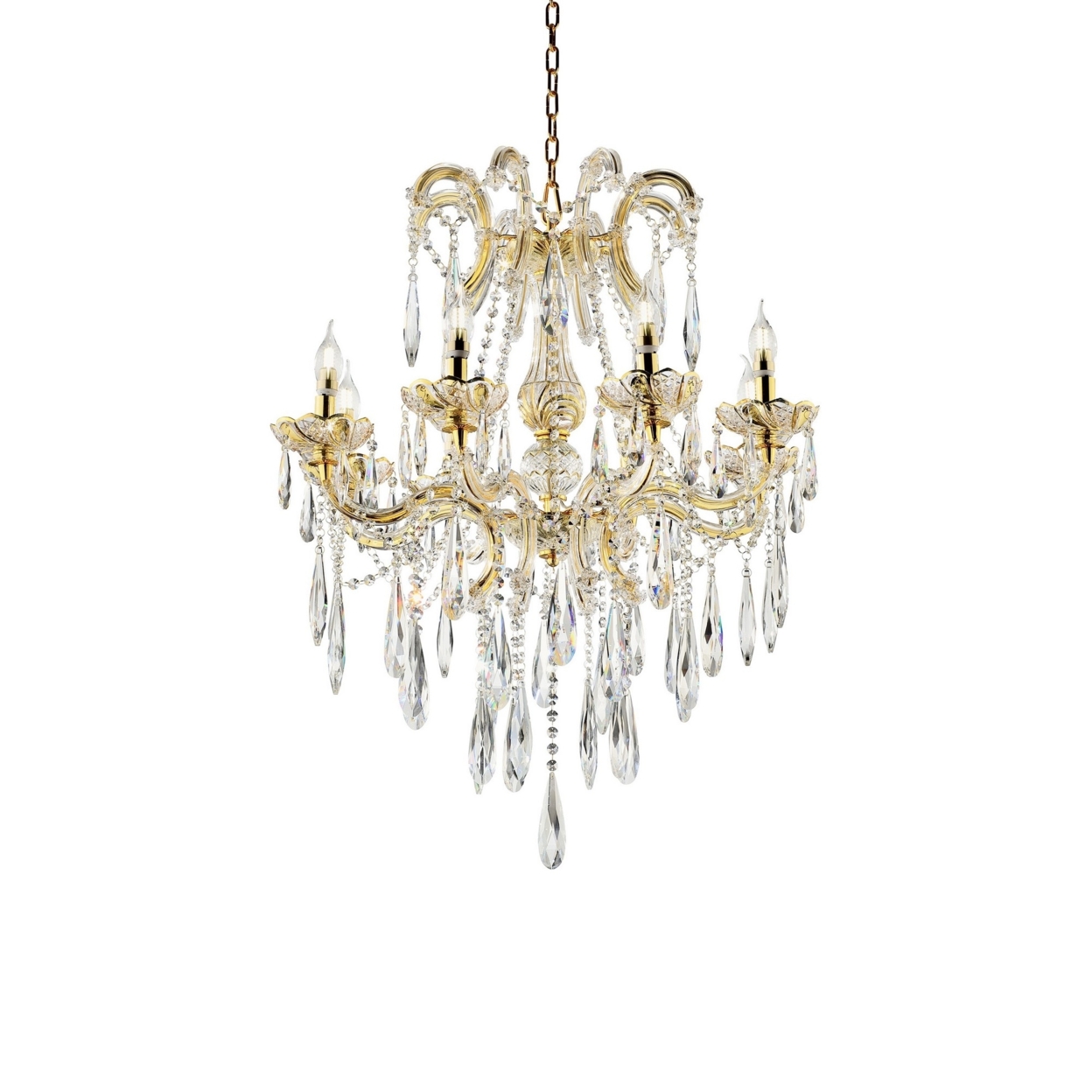 8 Light Metal Chandelier With Crystal Accents, Gold- Saltoro Sherpi