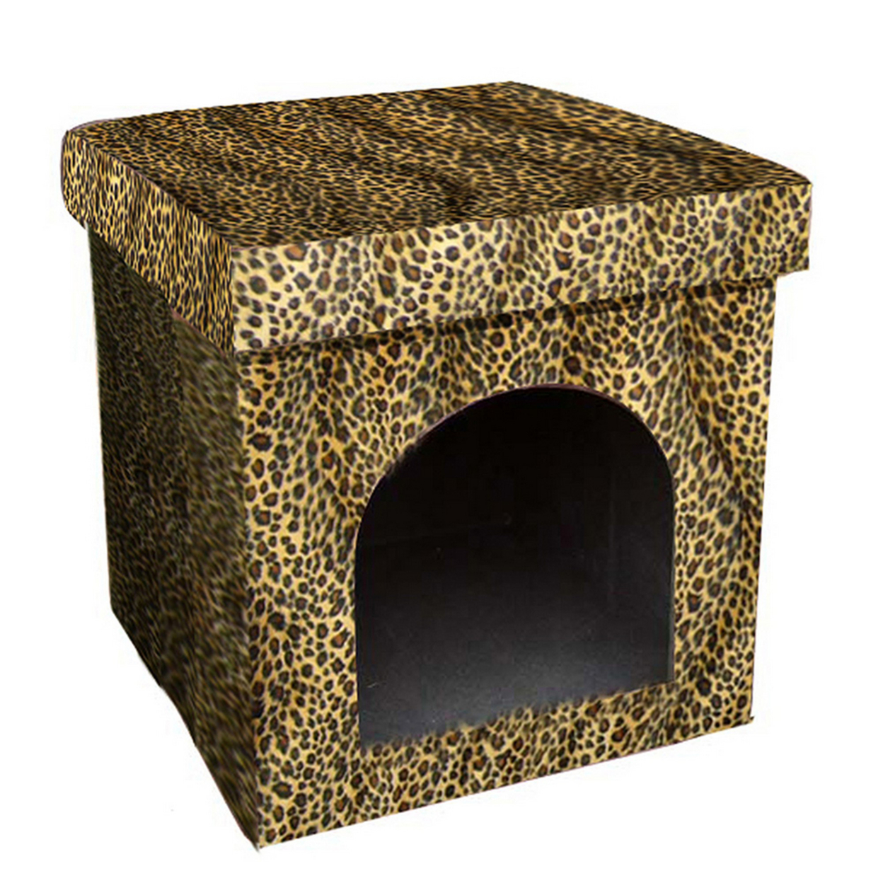Pet House With Leopard Print Fabric And Removable Top, Gold And Black- Saltoro Sherpi