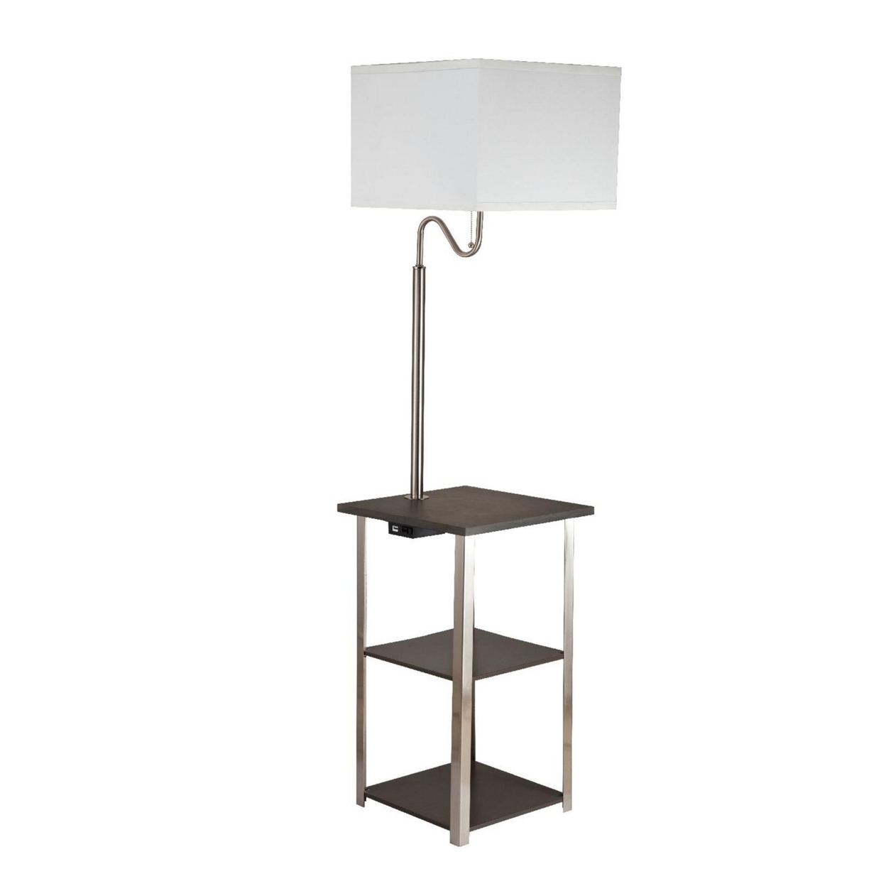 2 Shelf Wooden Side Table With Attached Floor Lamp, Silver And Brown- Saltoro Sherpi