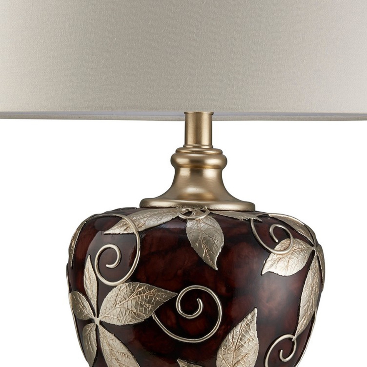 Polyresin Urn Shape Table Lamp With Floral Foliage Pattern, Brown- Saltoro Sherpi