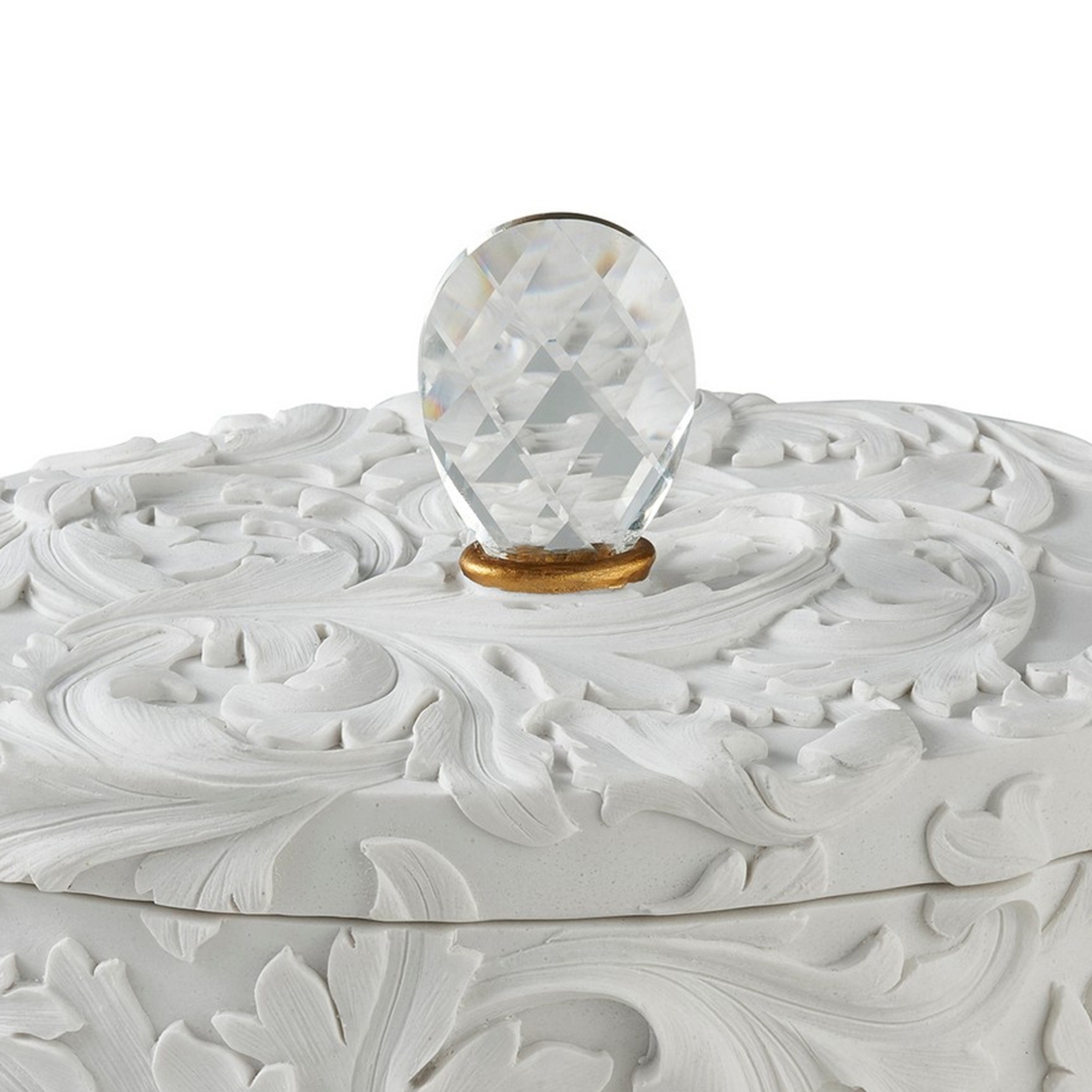 Jewelry Box With Baroque Scroll Design And Crystal Accent, White- Saltoro Sherpi