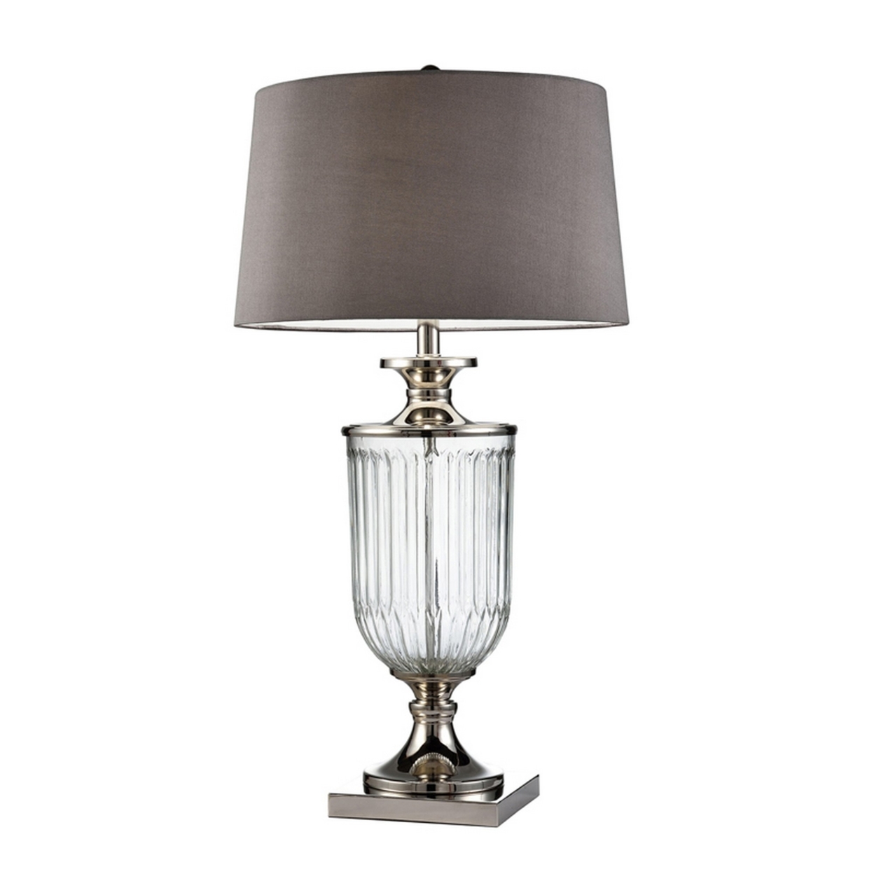 Table Lamp With Glass Pedestal Base And Fabric Shade, Chrome- Saltoro Sherpi