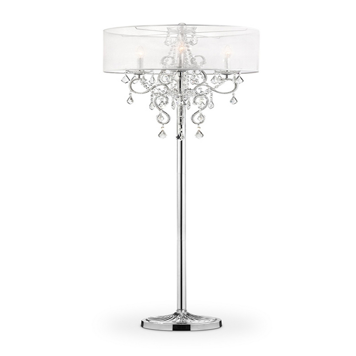Floor Lamp With Metal Base And Hanging Crystals, Silver- Saltoro Sherpi