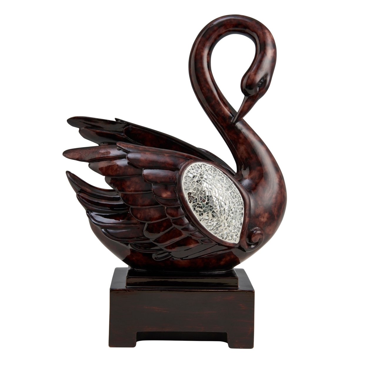 Accent Decor With Swan Design And Crackle Glass Accent, Brown- Saltoro Sherpi