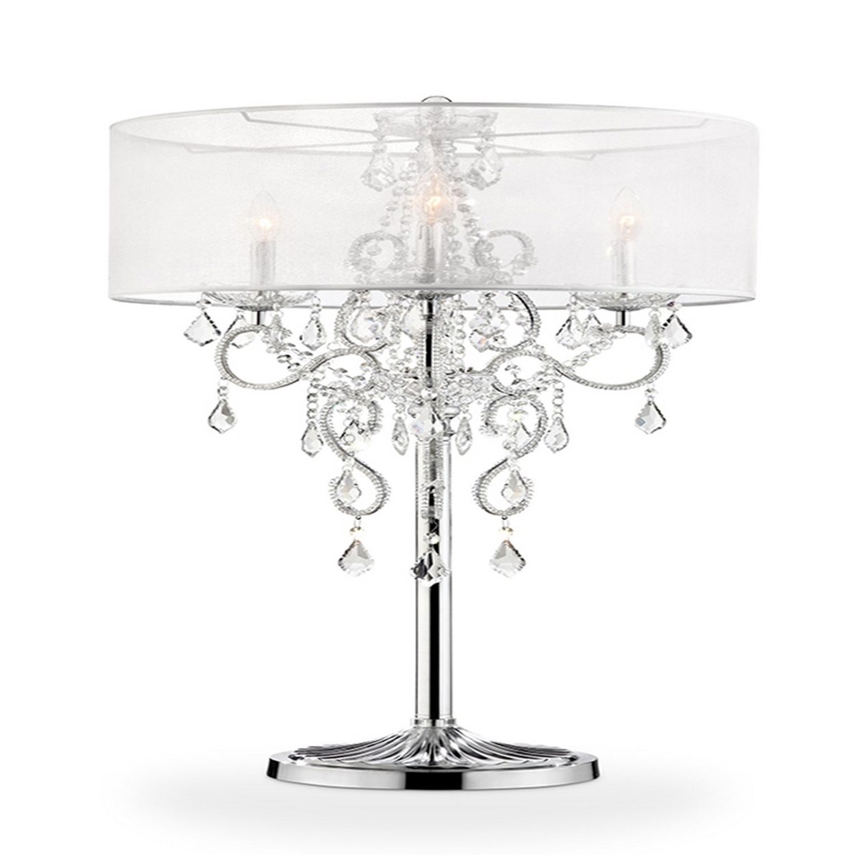 Table Lamp With Metal Base And Hanging Crystals, Silver- Saltoro Sherpi