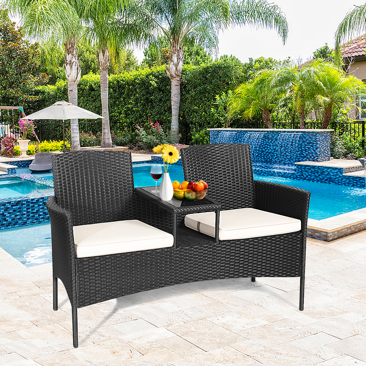 Cushioned Patio Rattan Seat Loveseat Sofa Table Chairs
