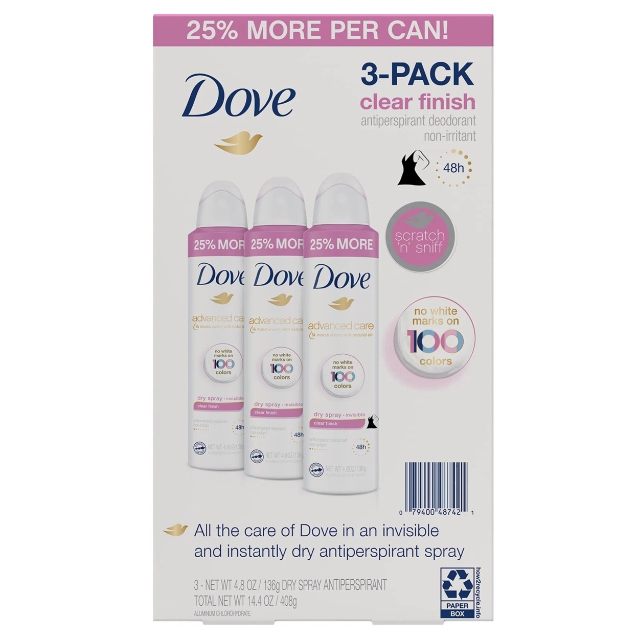 Dove Womens Invisible Dry Spray Antiperspirant Deodorant, 4.8 Ounce (Pack Of 3)