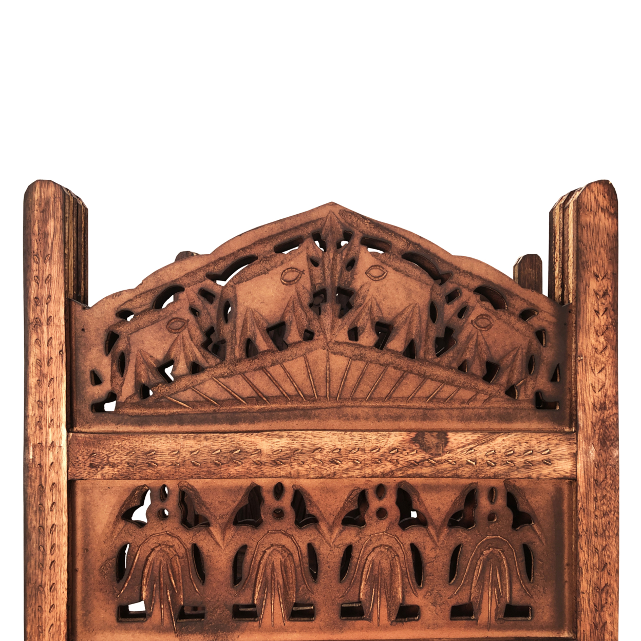 80 Inch Handcrafted 4 Panel Carved Wood Room Divider Screen, Intricate Cutout Details, Brown- Saltoro Sherpi