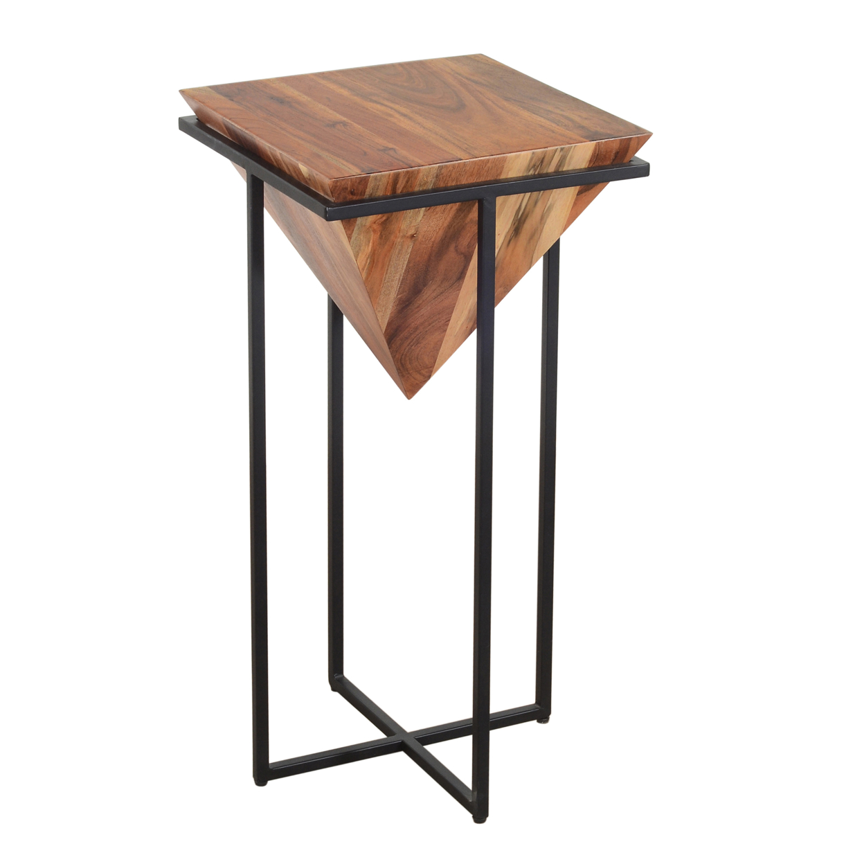 30 Inch Pyramid Shape Wooden Side Table With Cross Metal Base, Brown And Black- Saltoro Sherpi