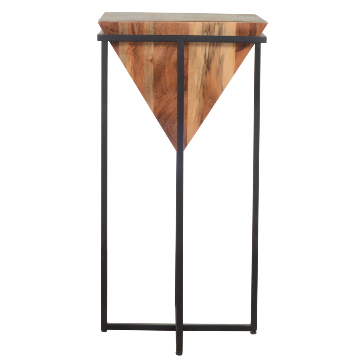 30 Inch Pyramid Shape Wooden Side Table With Cross Metal Base, Brown And Black- Saltoro Sherpi