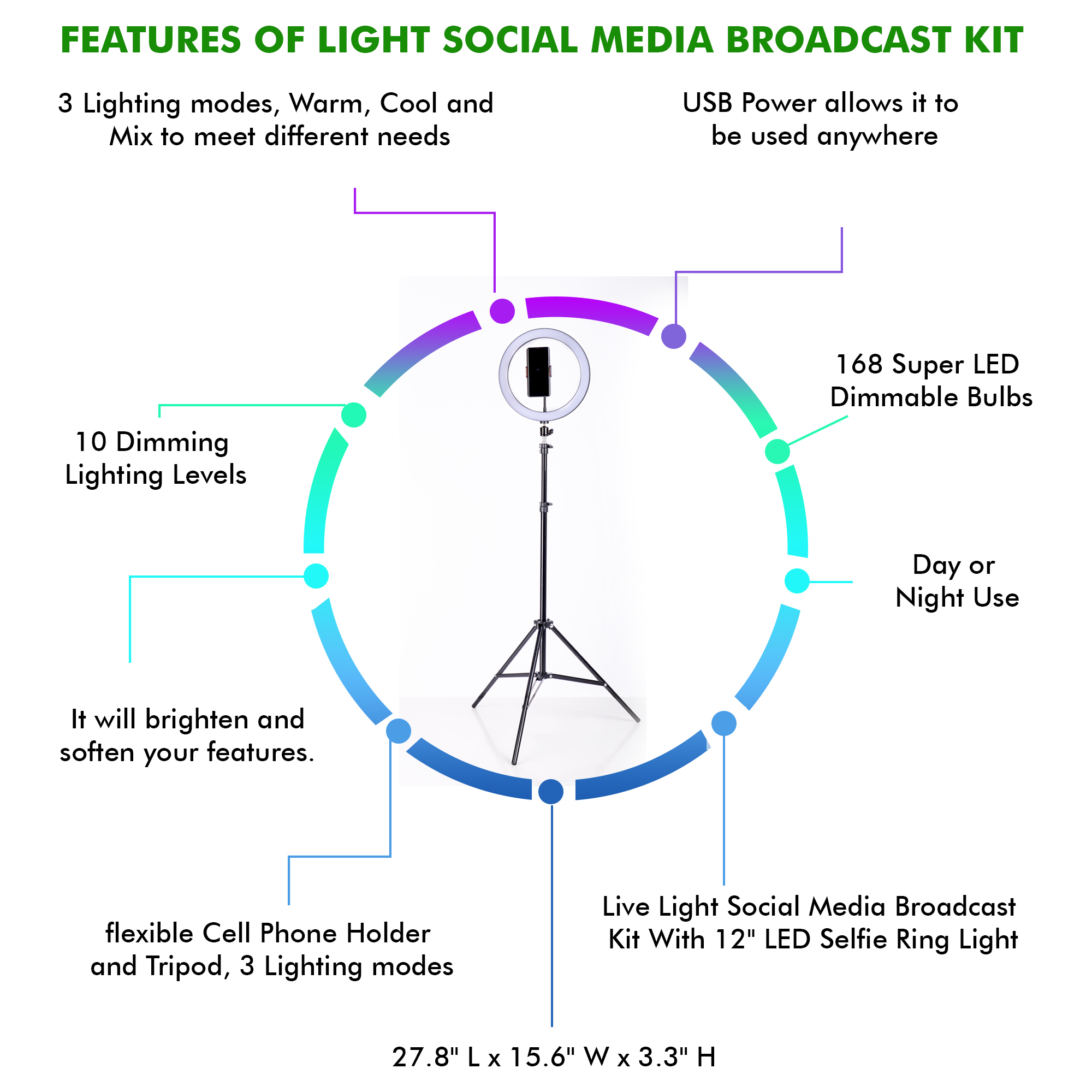 Technical Pro Live Light Social Media Broadcast Kit W/ 12 LED Selfie Ring Light, Flexible Cell Phone Holder & Tripod, 3 Lighting Modes