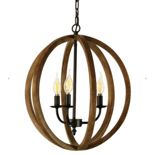 Karlis Rustic Globe Chandelier Light (3-Bulb) Round, Contemporary Steel Design with Wood Pattern Finish | Classic Home, Entryway