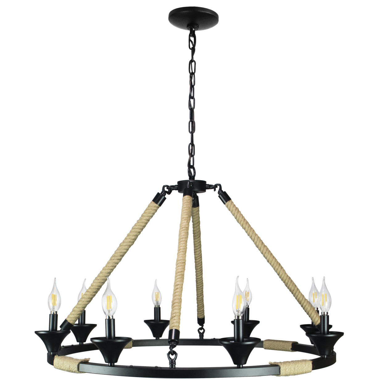 Hinnes Gothic Wagon Wheel Light Fixture with 8 Bulb Overhead Lighting and Vintage Rope Decor for Home, Living or Dining Room, Foyer