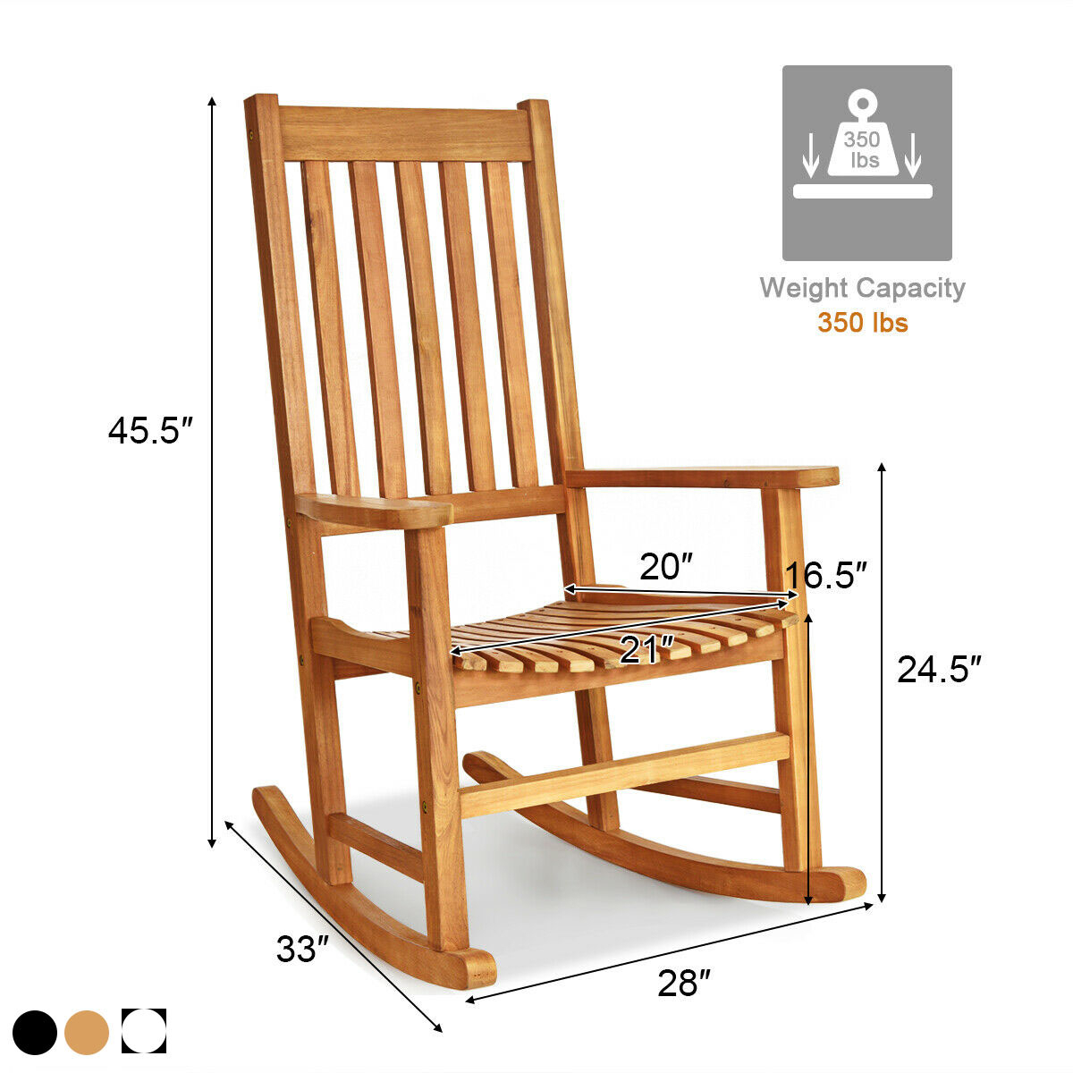 2PCS Wood Rocking Chair Porch Rocker High Back Garden Seat Indoor Outdoor - White