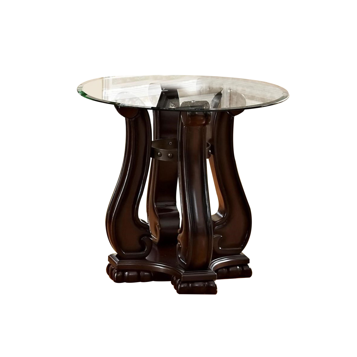 End Table With Round Glass Top And Scrolled Body, Brown- Saltoro Sherpi