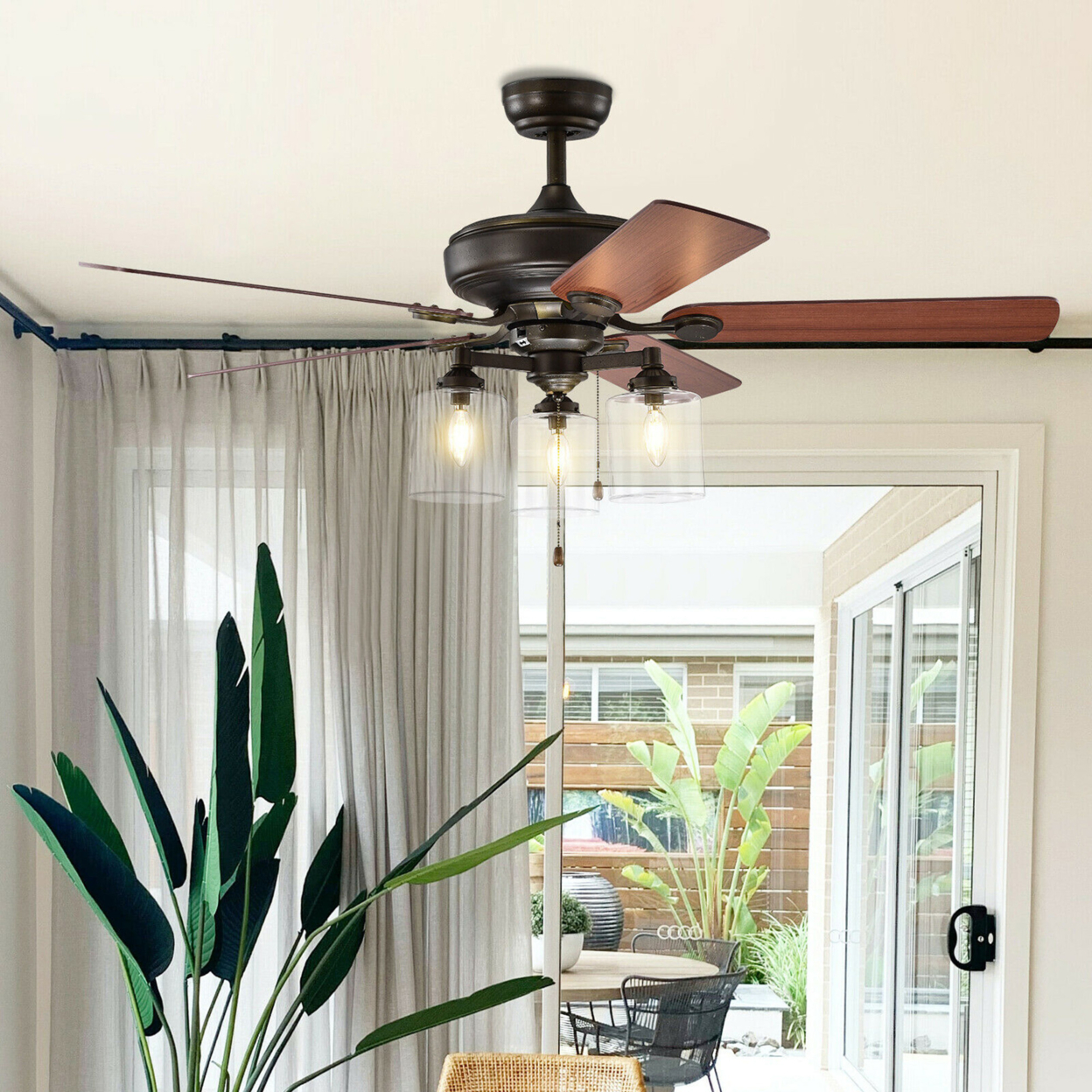 52'' Ceiling Fan Light 5 Bronze Finished Reversible Blades W/Pull Chain