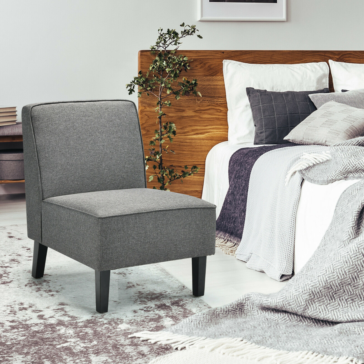 Modern Armless Accent Chair Fabric Single Sofa W/ Rubber Wood Legs Grey