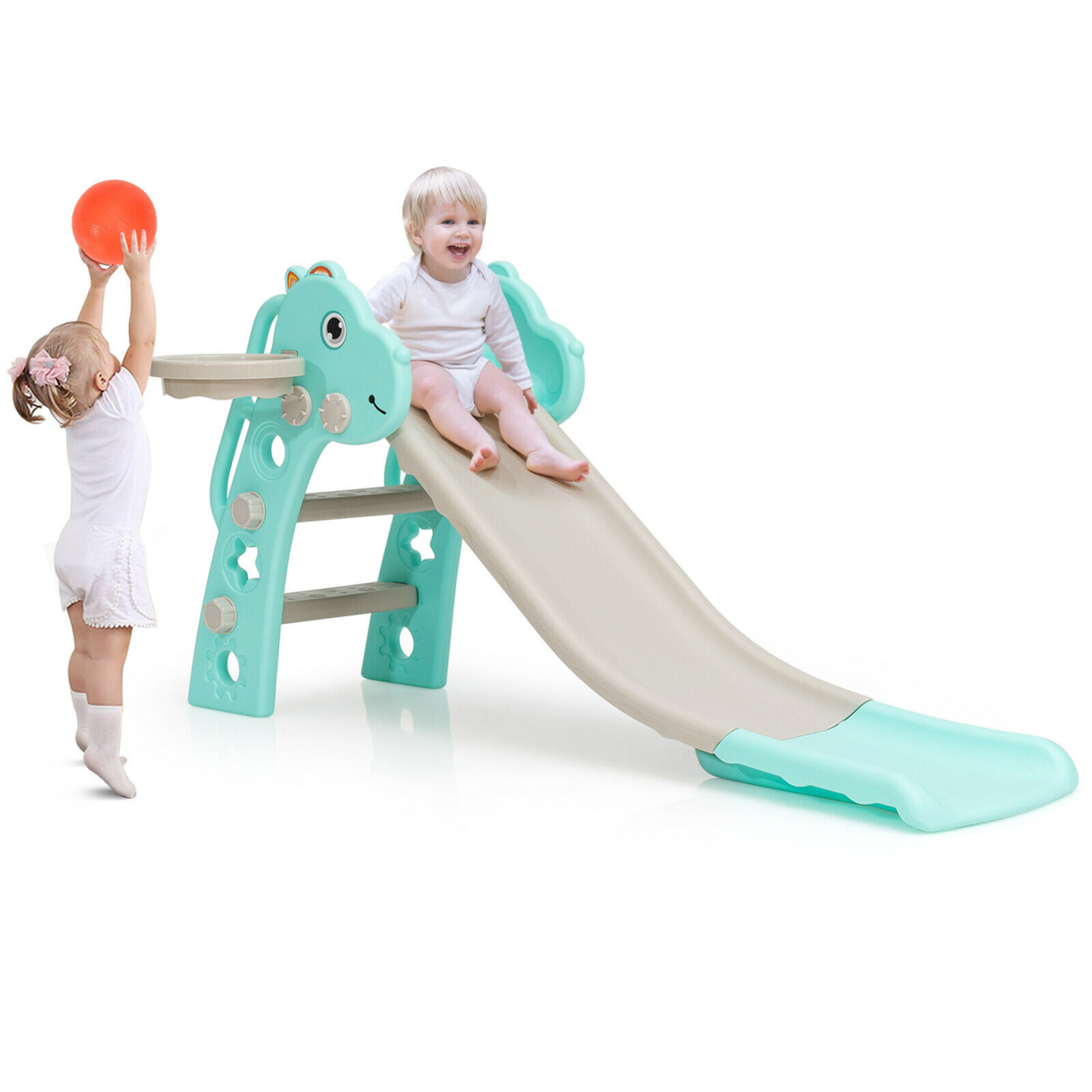 3 In 1 Kids Slide Baby Play Climber Slide Set W/Basketball Hoop - Green