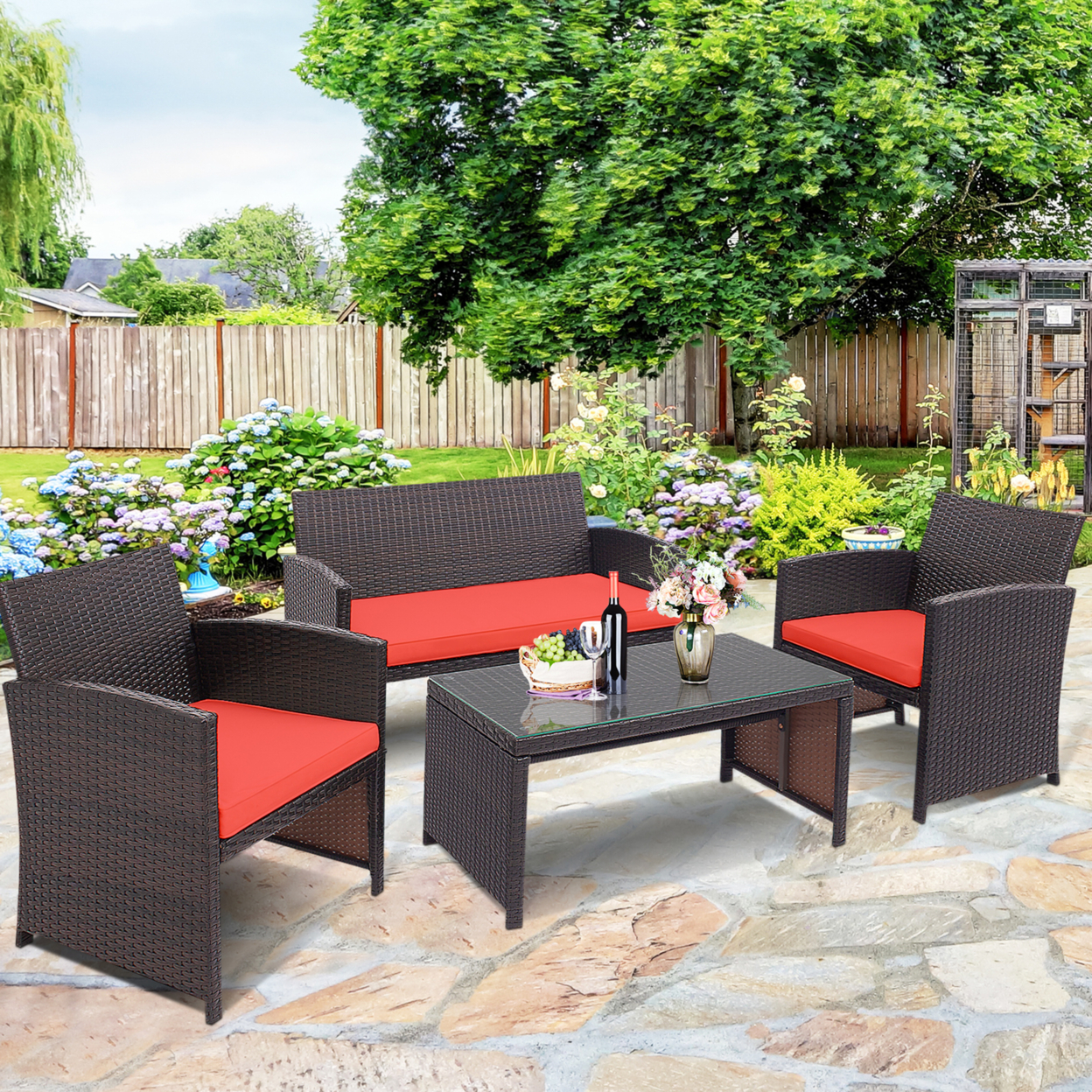 4PCS Patio Conversation Set Outdoor Rattan Furniture Set W/ Red Cushions