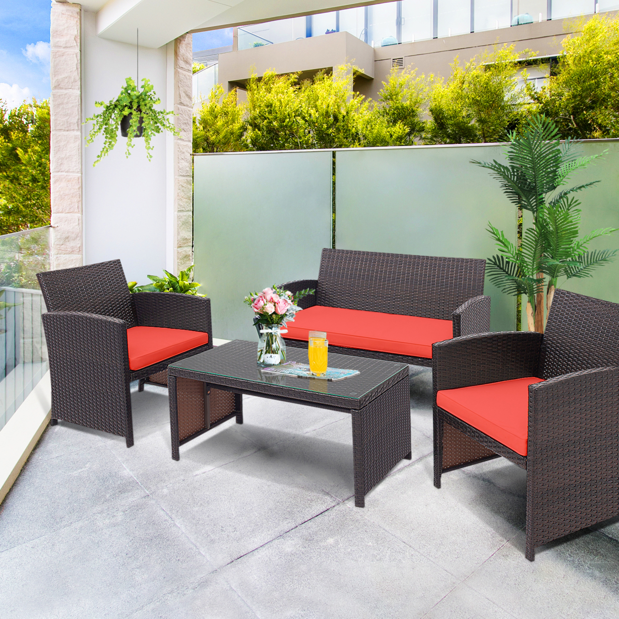 4PCS Patio Conversation Set Outdoor Rattan Furniture Set W/ Red Cushions