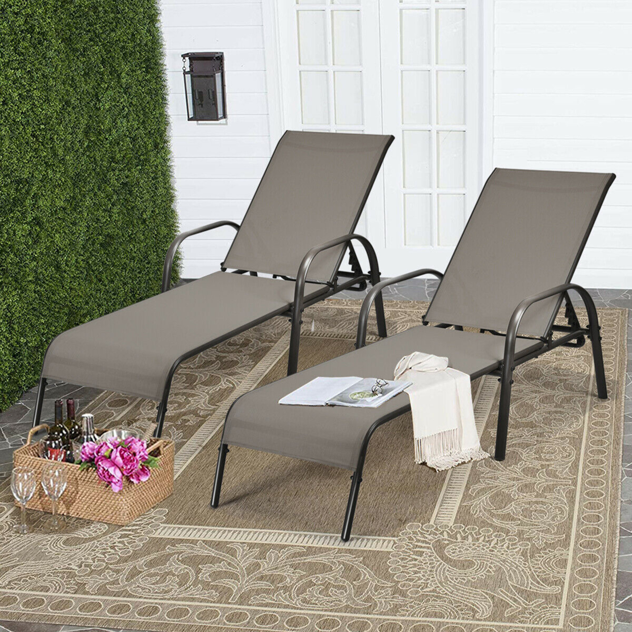 2PCS Adjustable Chaise Lounge Chair Recliner Patio Yard Outdoor W/ Armrest Brown