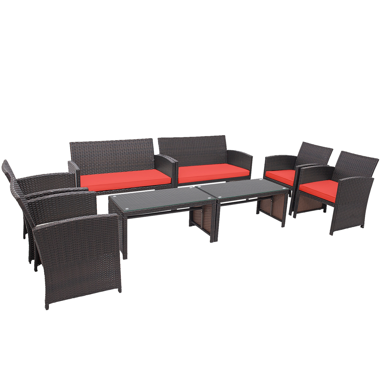 8PCS Patio Conversation Set Outdoor Rattan Furniture Set W/ Red Cushions