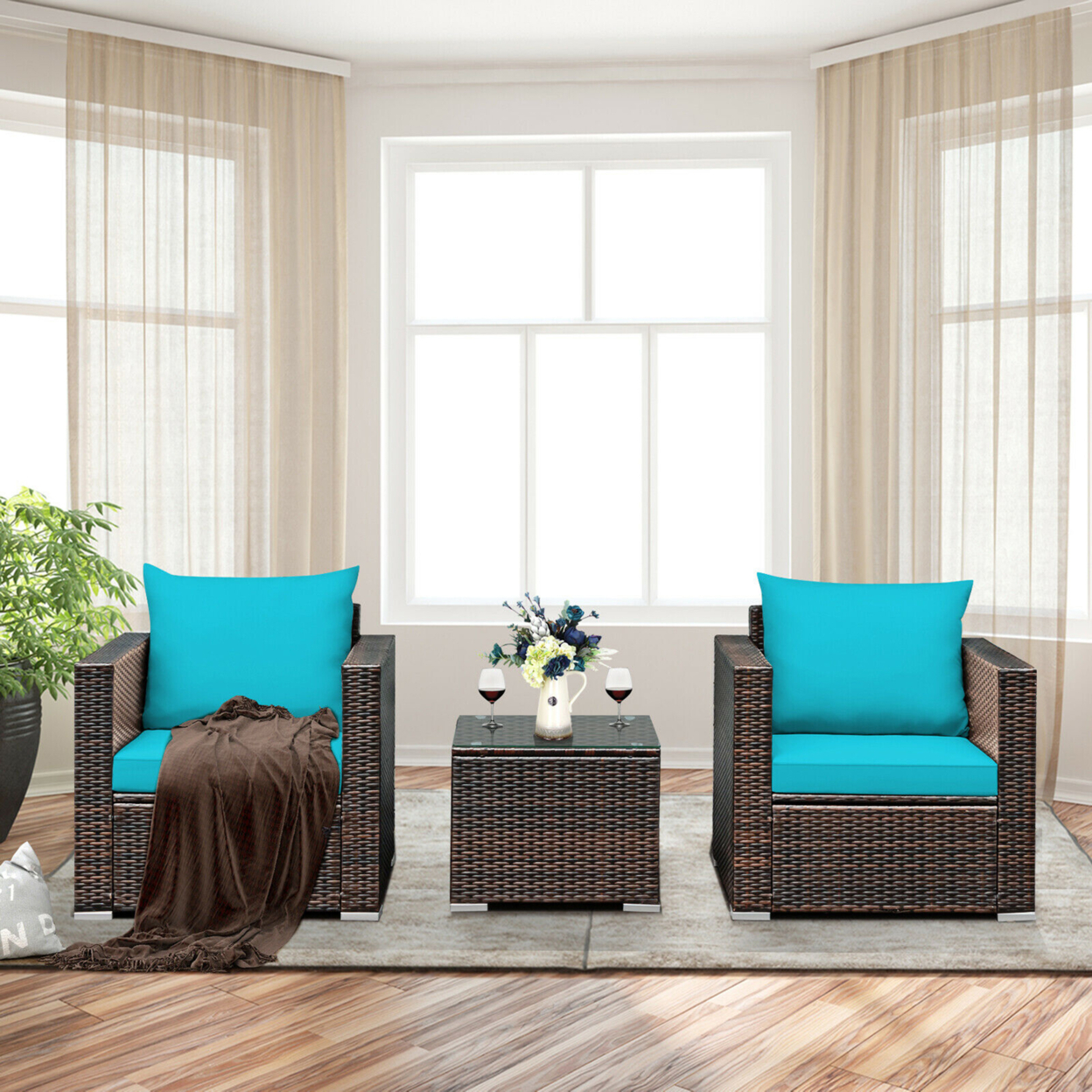 3PCS Rattan Patio Outdoor Conversation Furniture Set W/ Turquoise Cushions