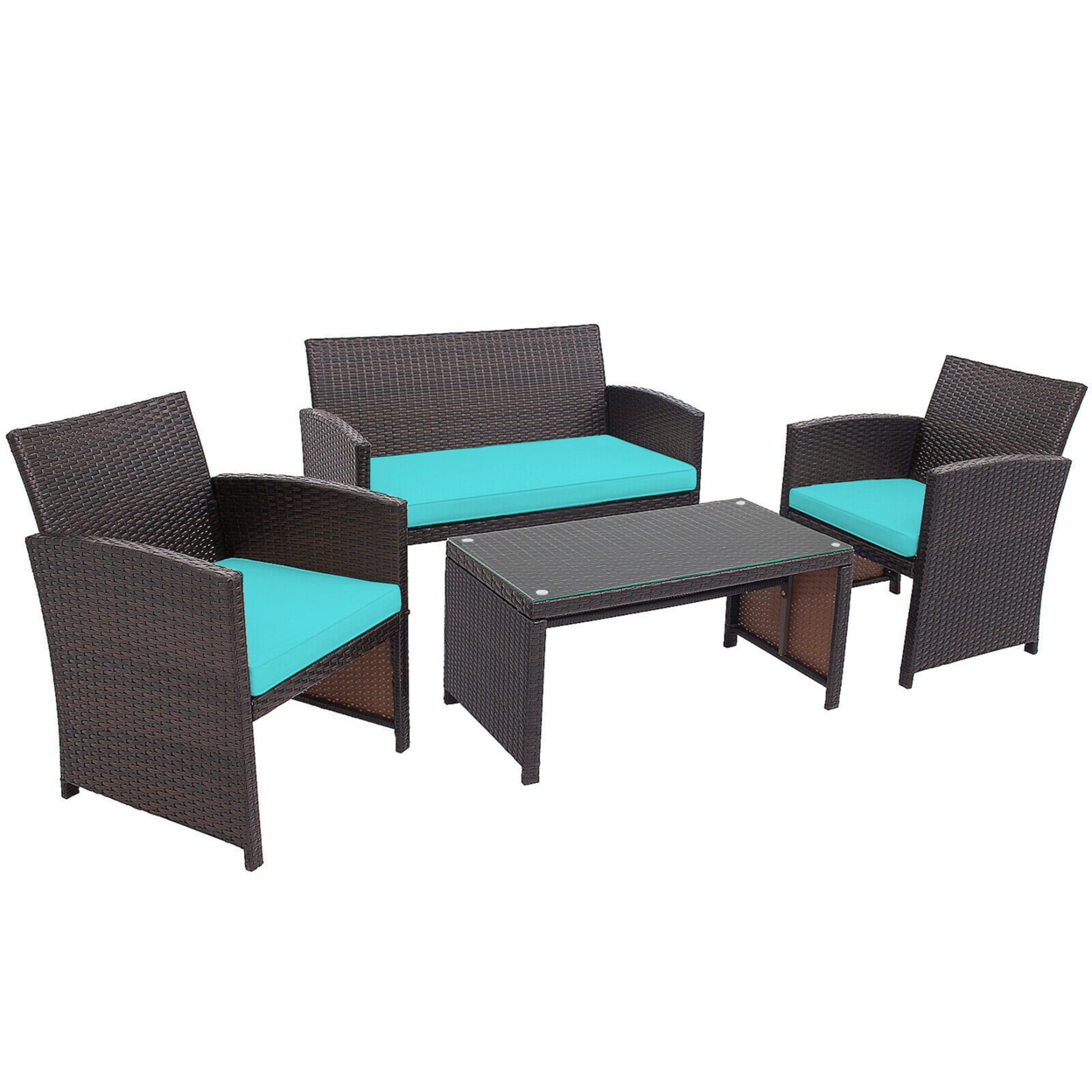 4PCS Patio Conversation Set Outdoor Rattan Furniture Set W/ Turquoise Cushions
