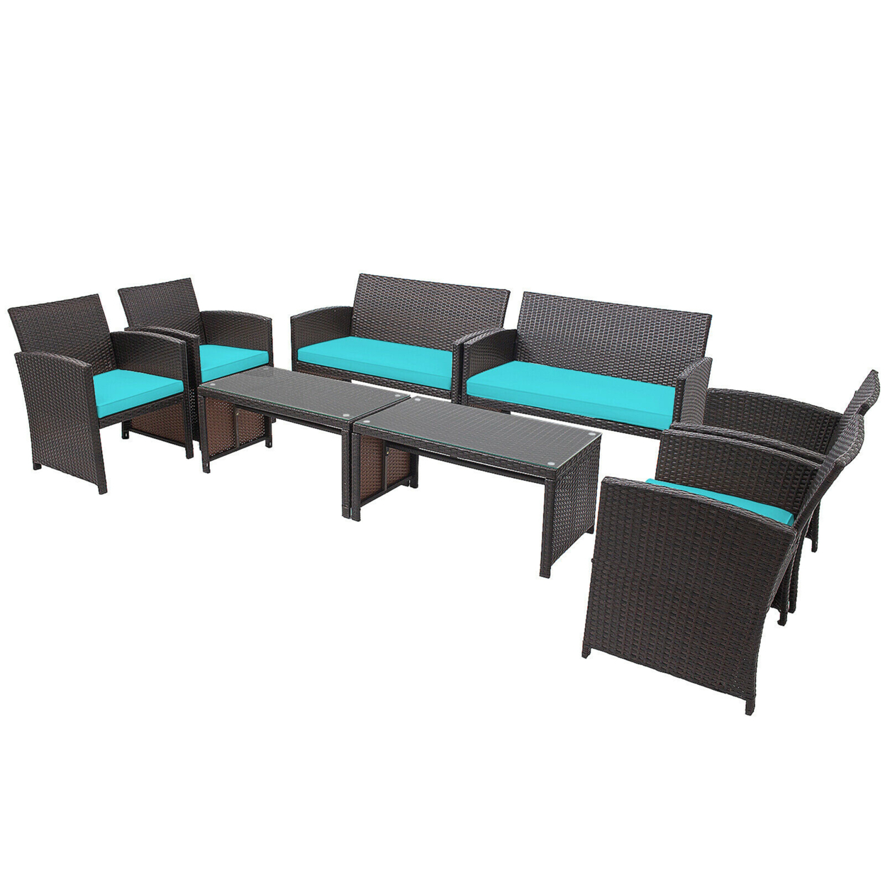 8PCS Patio Conversation Set Outdoor Rattan Furniture Set W/ Turquoise Cushions
