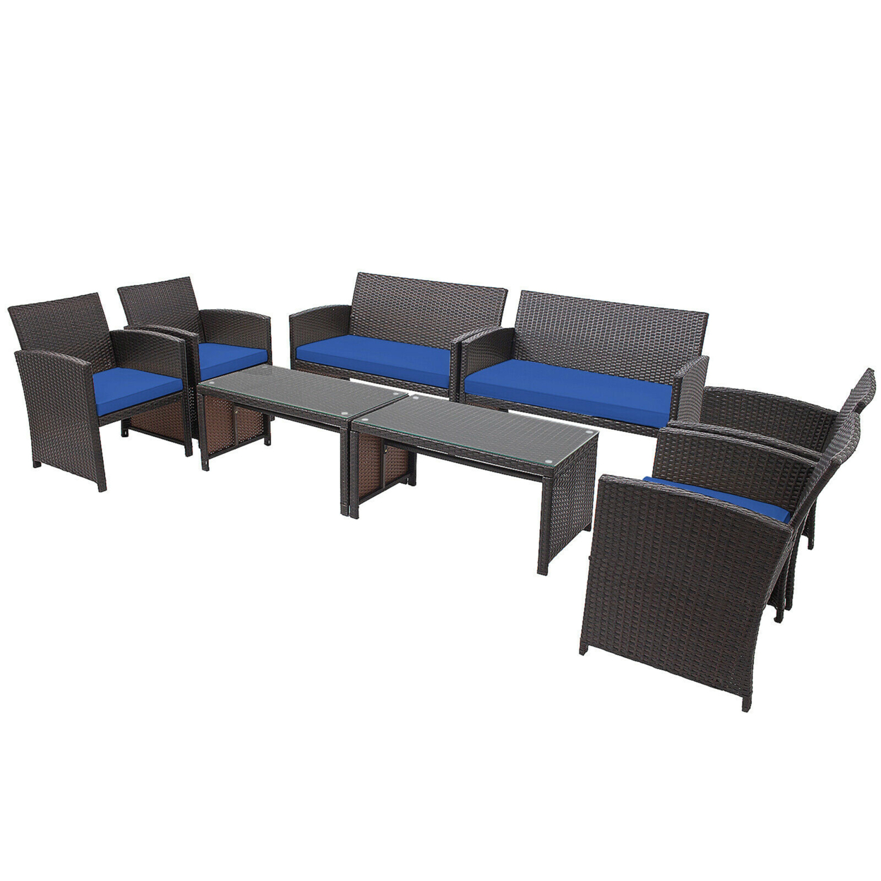 8PCS Patio Conversation Set Outdoor Rattan Furniture Set W/ Navy Cushions