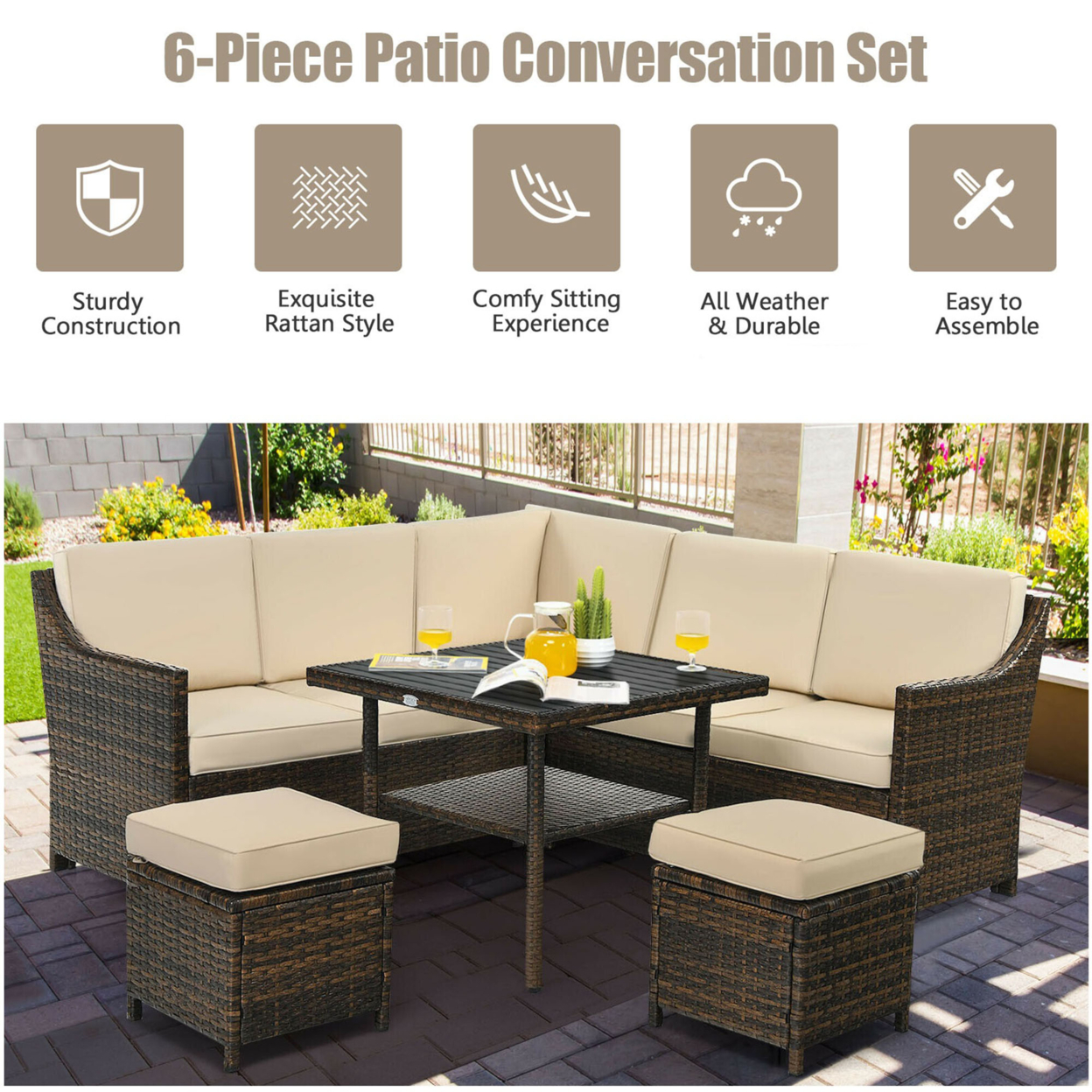 6PCS Rattan Patio Sectional Sofa Set Cushioned Conversation Furniture Set