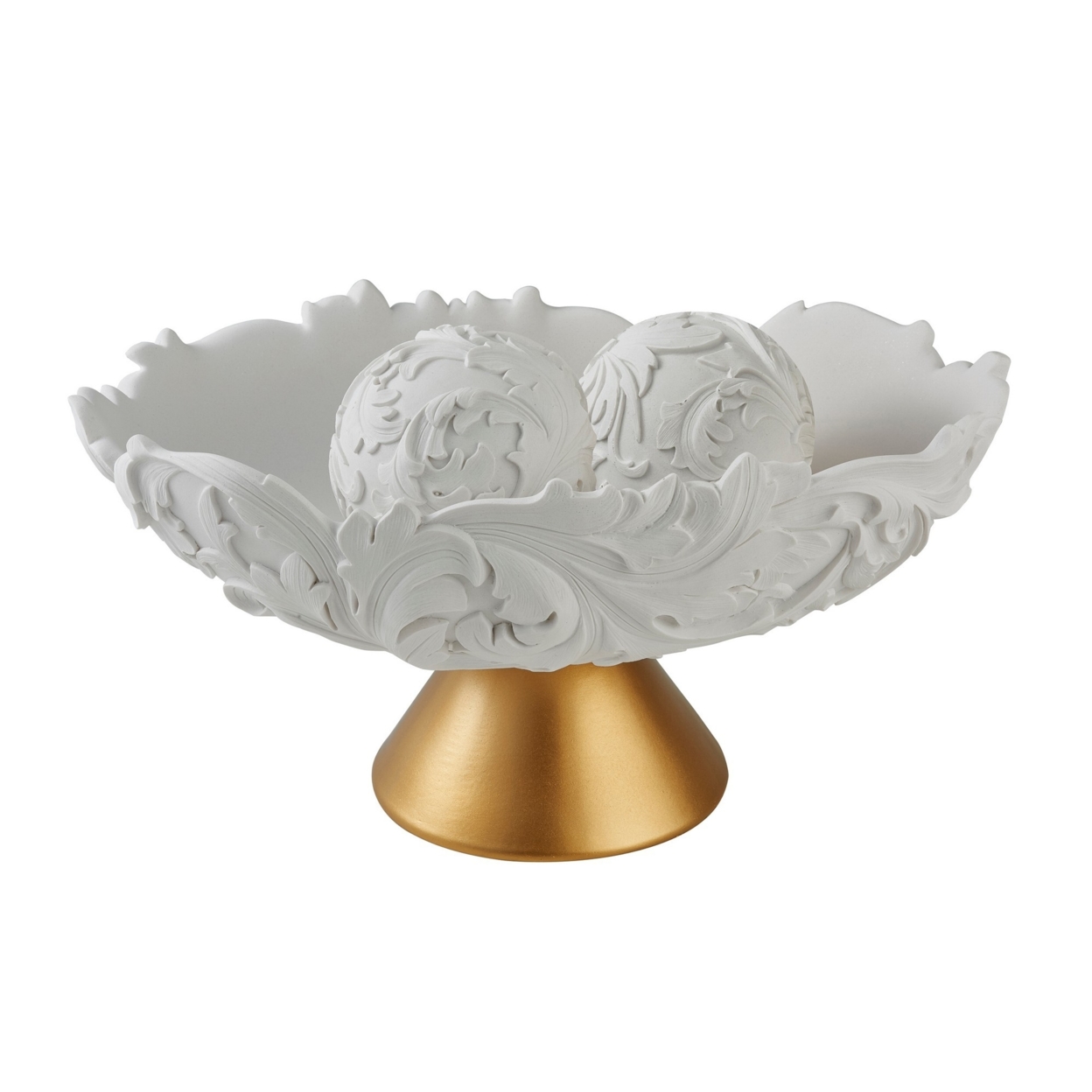 Bowl With Baroque Scroll Design With 2 Spheres, White- Saltoro Sherpi