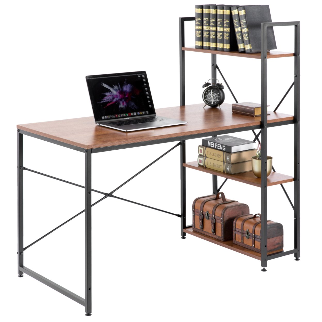 Wood And Metal Industrial Home Office Computer Desk With Bookshelves - Cherry