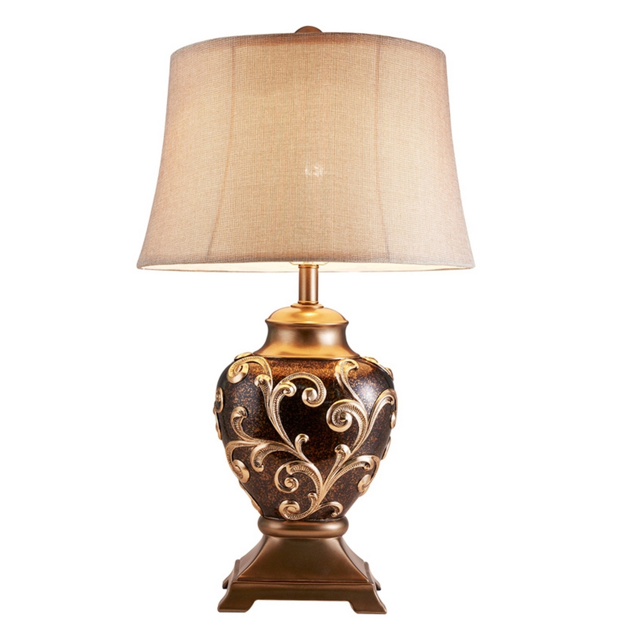 Table Lamp With Filigree Accent Base And Fabric Shade, Brown- Saltoro Sherpi