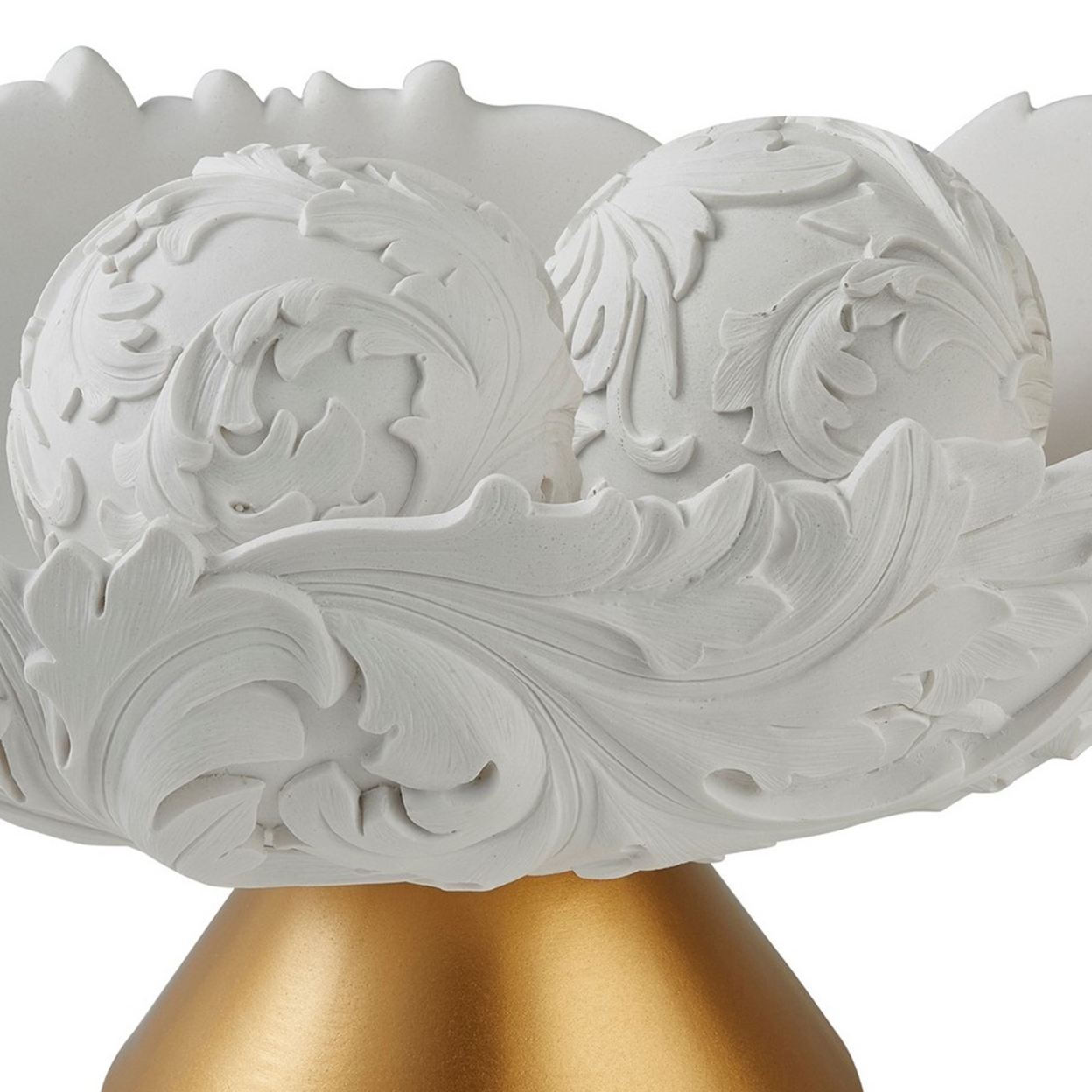 Bowl With Baroque Scroll Design With 2 Spheres, White- Saltoro Sherpi
