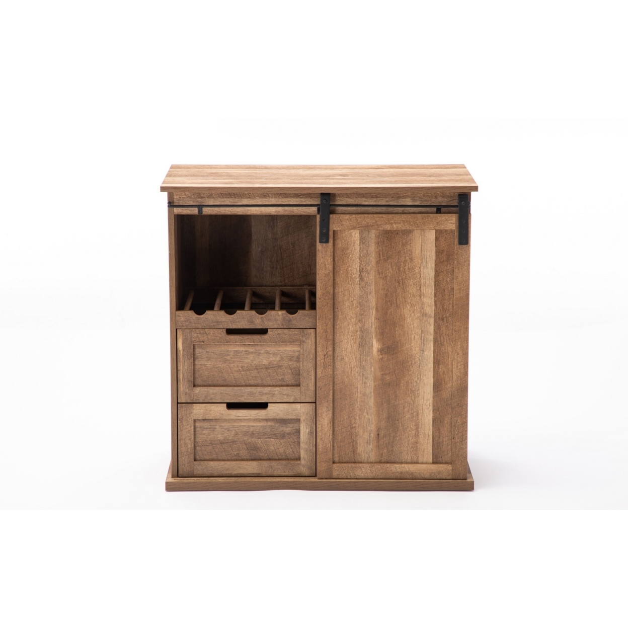 Rustic Wine Cabinet With Barn Door And 2 Drawers, Natural- Saltoro Sherpi