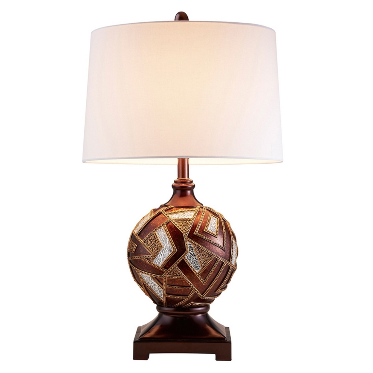 Table Lamp With Geometric Mosaic Base And Fabric Shade, Brown- Saltoro Sherpi