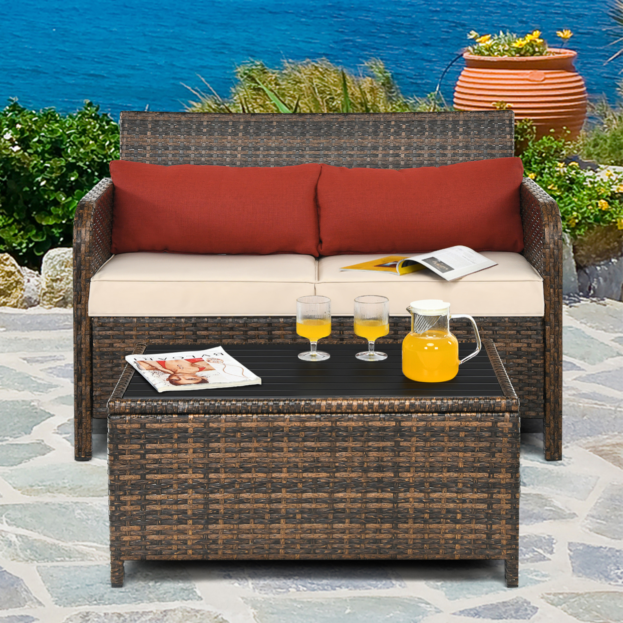 2PCS Outdoor Rattan Loveseat & Table Set Patio Furniture Set W/ Cushions