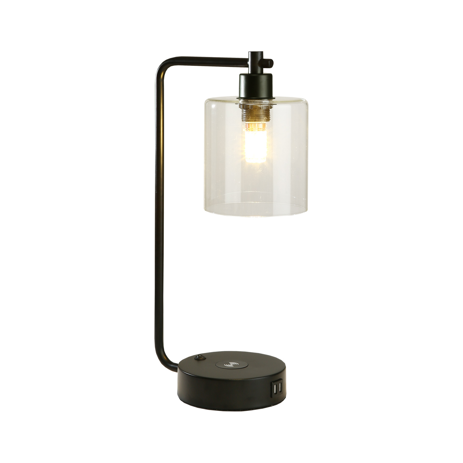 19 in. Clear Table Lamp with Wireless Charger and Glass Shade
