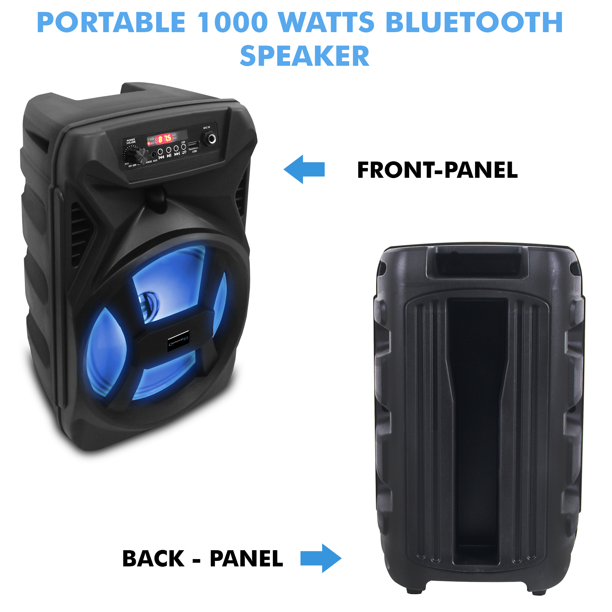 (Qty-2) Technical Pro 8 Inch Portable 500 Watts Bluetooth Festival PA LED Speaker W/ Woofer & Tweeter, USB Card Inputs, True Wireless Stereo