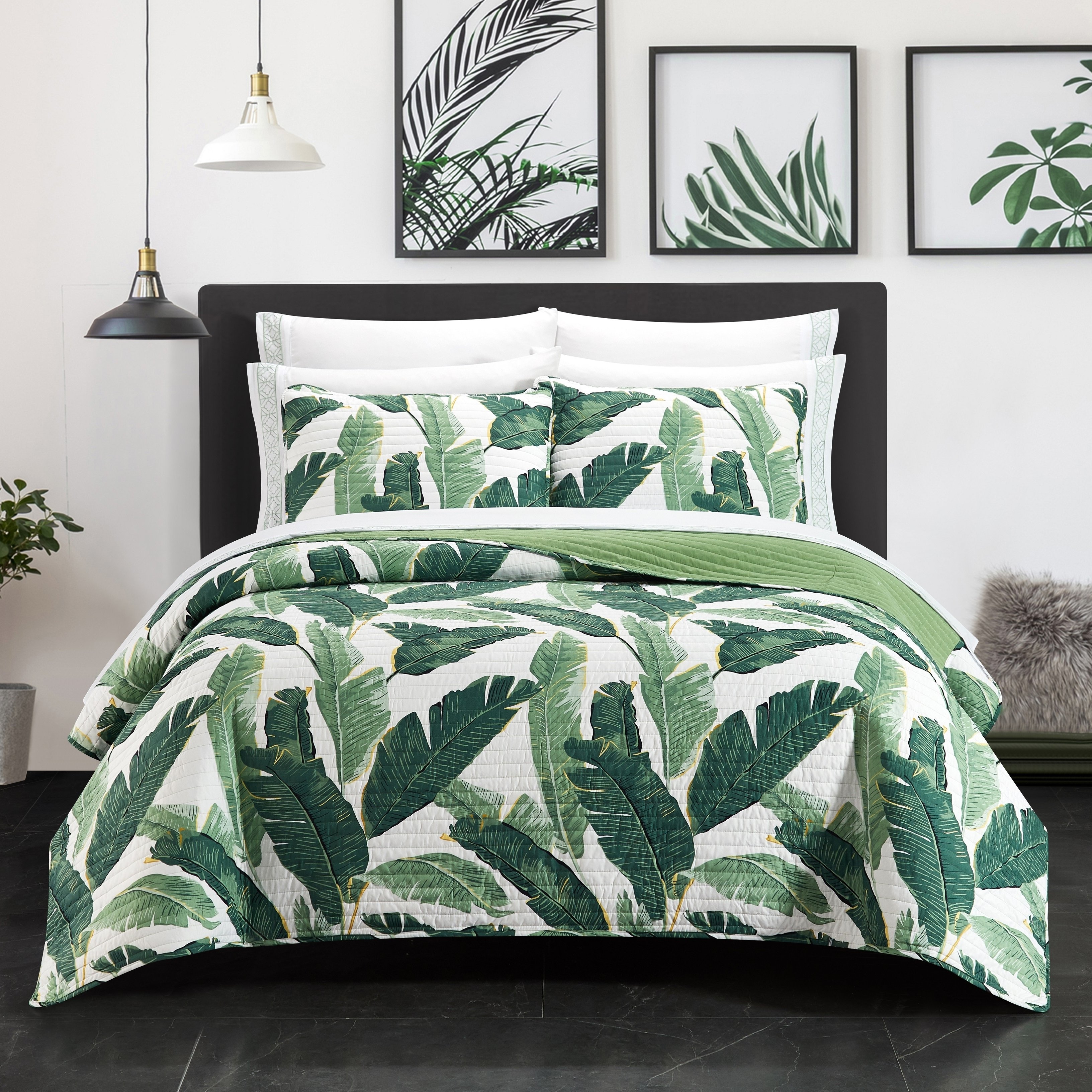 Palm Spring 9 Or 6 Piece Quilt Set Watercolor Floral Pattern Print Bed In A Bag - Green, Queen