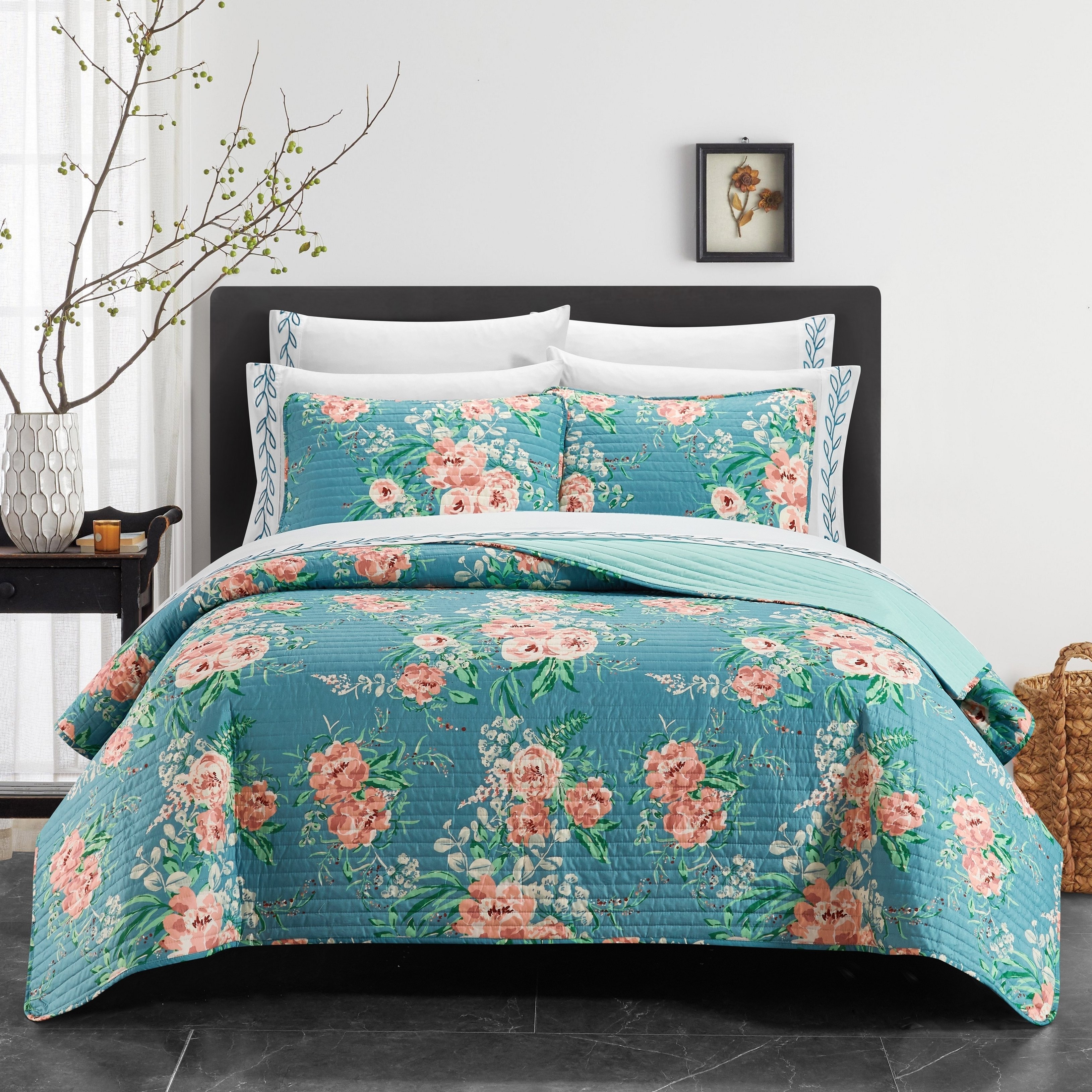 Palm Spring 9 Or 6 Piece Quilt Set Watercolor Floral Pattern Print Bed In A Bag - Aqua, King