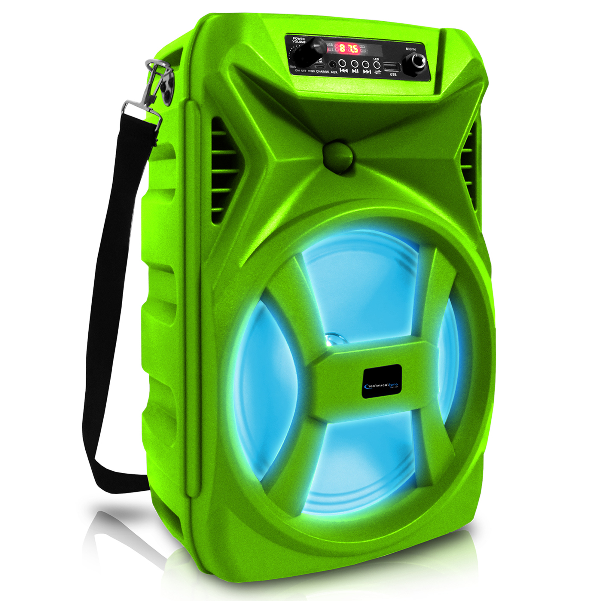 Technical Pro 8 Portable 500 Watts Bluetooth Speaker W/ Woofer & Tweeter, Festival PA LED Speaker, USB Card Input, Wireless Stereo (Green)
