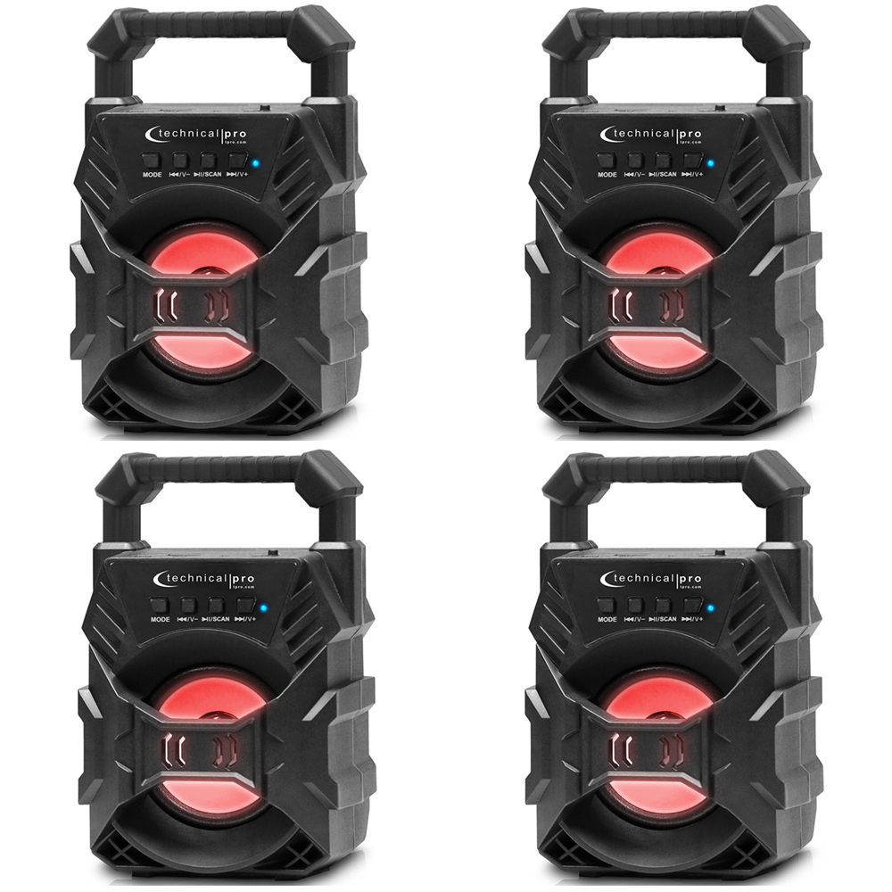 (4 Qty) Technical Pro Portable Rechargeable Compact Bluetooth Speaker With LED/USB/FM/TF, Lightweight, Perfect For Home, Outdoors, Party