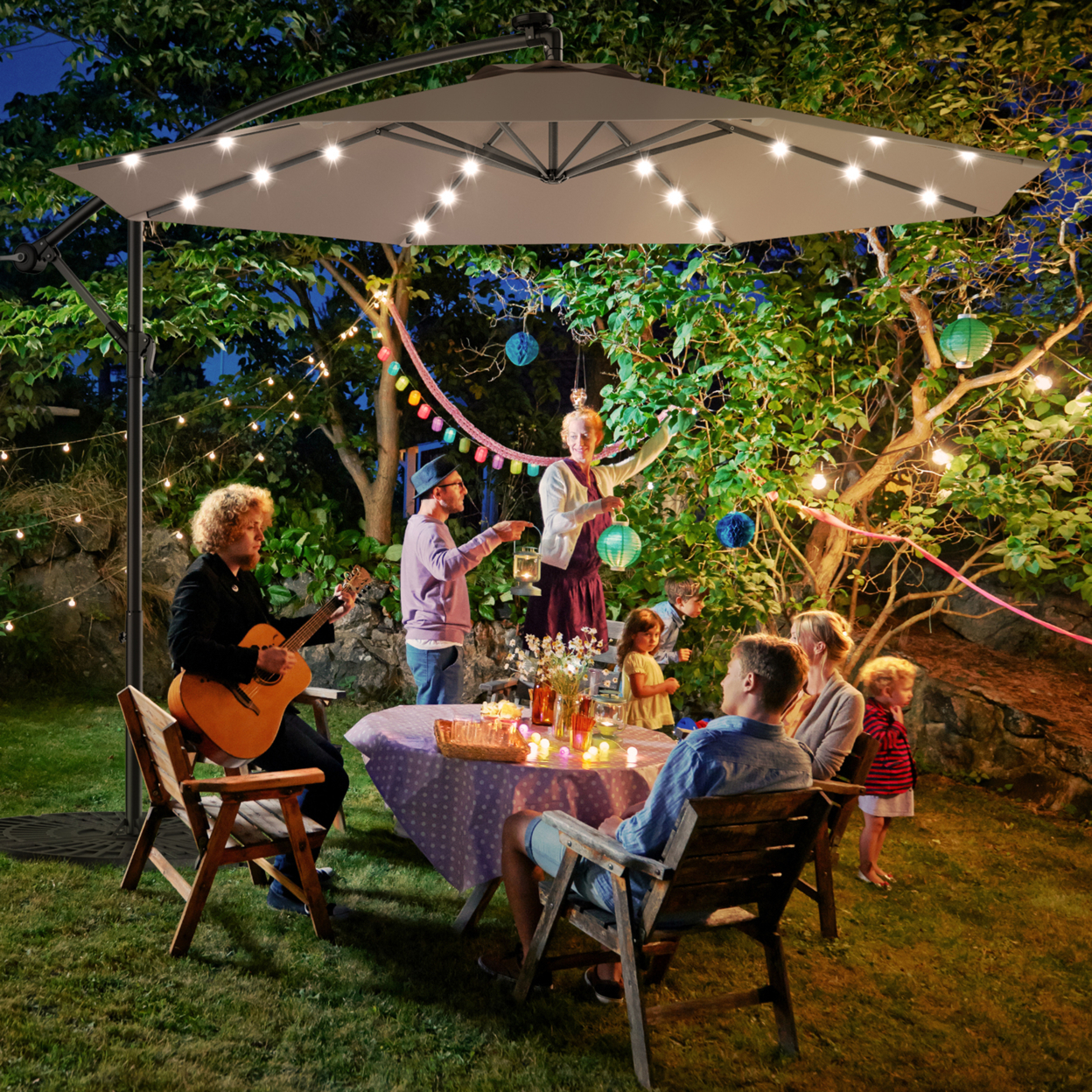 10Ft Patio Solar LED Outdoor Offset Hanging Umbrella W/ 24 Lights - Tan
